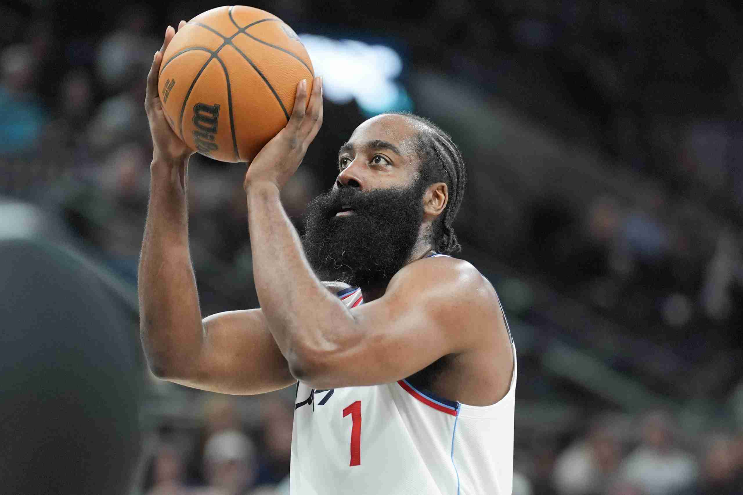 Jan 29, 2025; San Antonio, Texas, USA; LA Clippers guard James Harden (1) shoots in the first half against the San Antonio Spurs at Frost Bank Center. Mandatory Credit: Daniel Dunn-Imagn Images