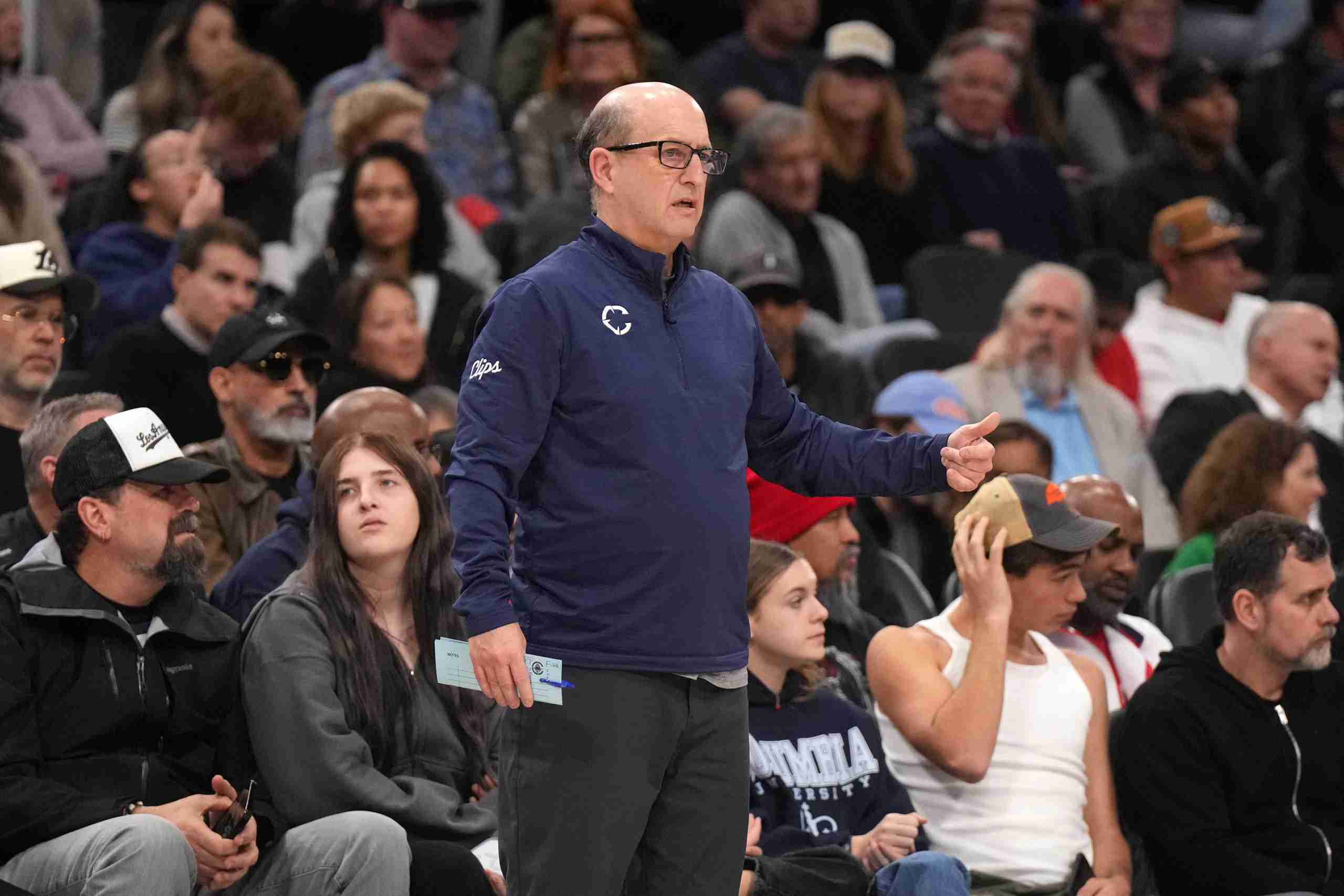 Feb 12, 2025; Inglewood, California, USA; LA Clippers assistant coach Jeff Van Gundy reacts against the Memphis Grizzlies in the second half at Intuit Dome. Mandatory Credit: Kirby Lee-Imagn Images