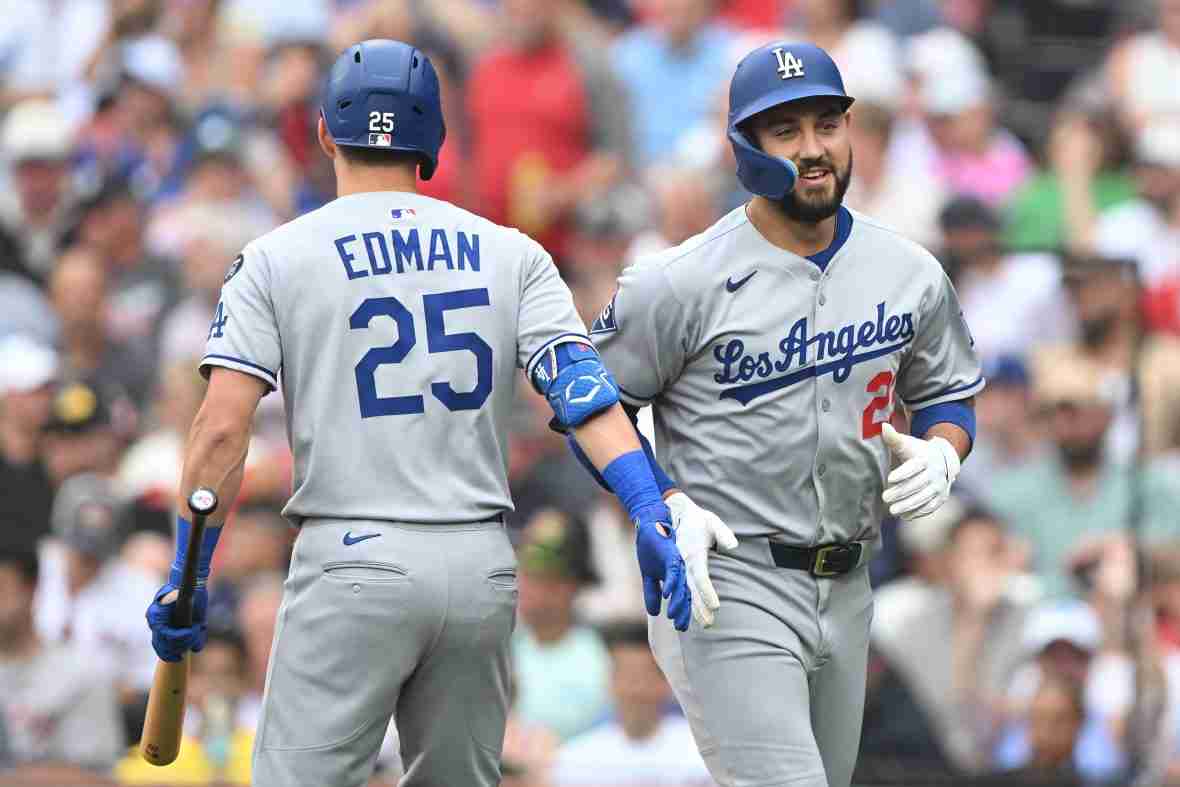 Current image: Jul 27, 2025; Boston, Massachusetts, USA; Los Angeles Dodgers outfielder Michael Conforto (23) reacts with second baseman Tommy Edman (25) after hitting a solo home run against the Boston Red Sox during the fourth inning at Fenway Park. Mandatory Credit: Brian Fluharty-Imagn Images