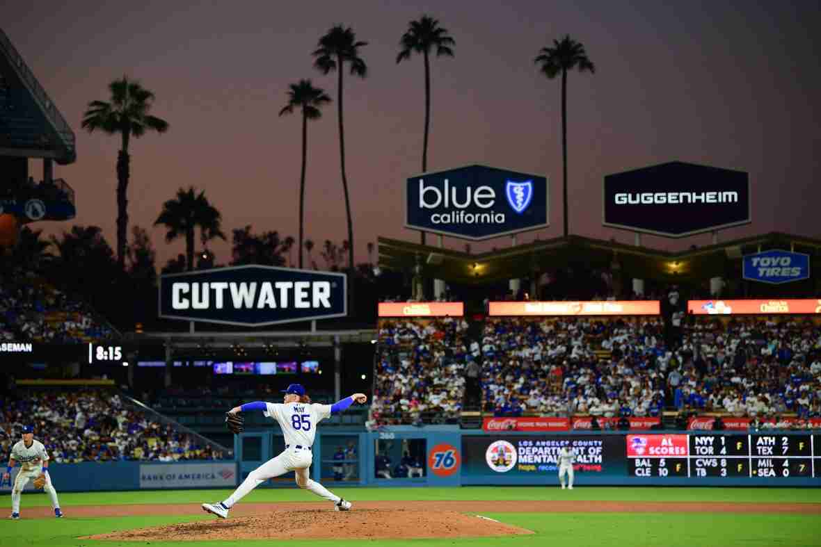 Current image: Jul 21, 2025; Los Angeles, California, USA; Los Angeles Dodgers pitcher Dustin May (85) throws against the Minnesota Twins during the fifth inning at Dodger Stadium. Mandatory Credit: Gary A. Vasquez-Imagn Images